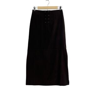 Vintage 90s Chocolate Brown Faux Suede Lace Front Maxi Skirt Size 3 Boho Western